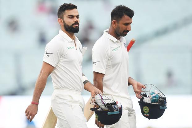 India captain Virat Kohli and batsman Cheteshwar Pujara held their second and sixth positions respectively on the ICC Test batsmen’s rankings. Photo: AFP