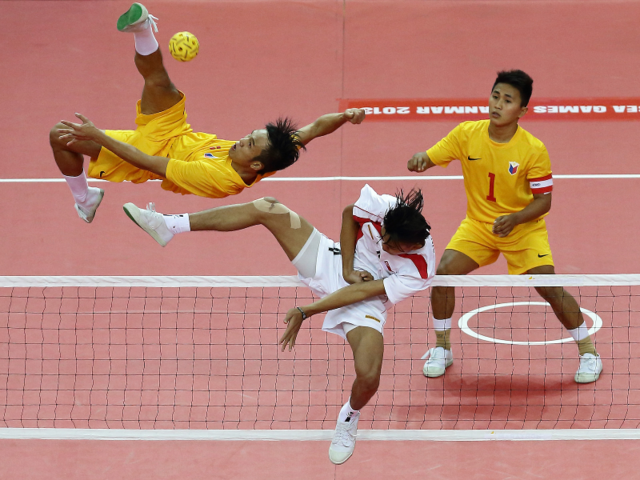 Sepak takraw is a high-flying sport combining volleyball and soccer.