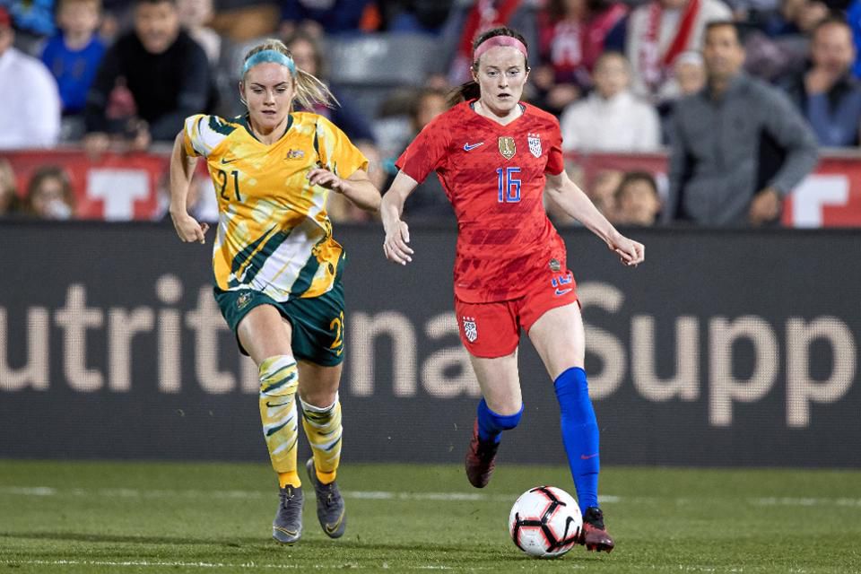 USWNT midfielder Rose Lavelle (16) battles with Australia defender Ellie Carpenter (21) during a friendly match on April 4, 2019, at Dick's Sporting Goods Park in Commerce City, CO. (Photo by Robin Alam/Icon Sportswire via Getty Images)