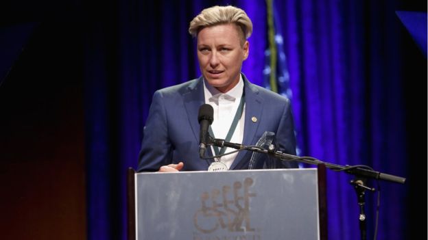 Abby Wambach speaks onstage at a charity event, September 2017